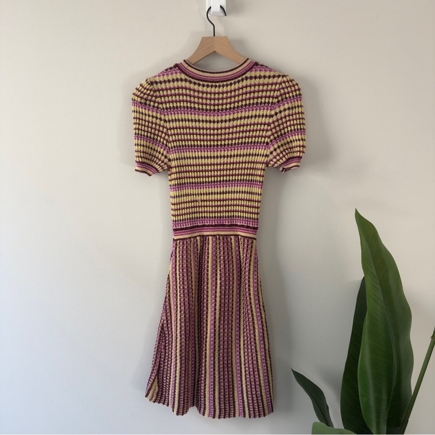 Free People metallic striped knit mini dress short sleeve high neck cotton EUC