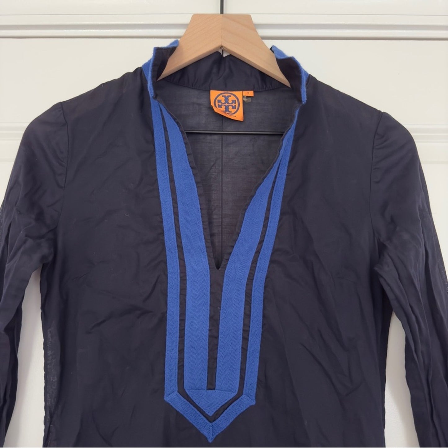 Tory Burch 100% Cotton Long Sleeve Tunic Top Lightweight Preppy Slit Hem Zipper