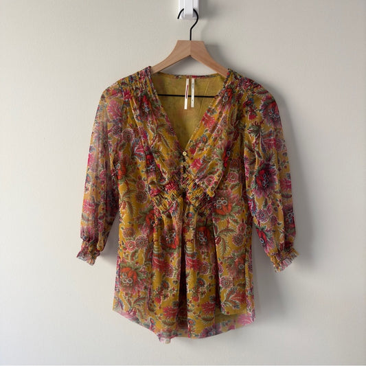 Anthropologie Chiffon Button Up Front 3/4 sleeve top floral stretch layered XS
