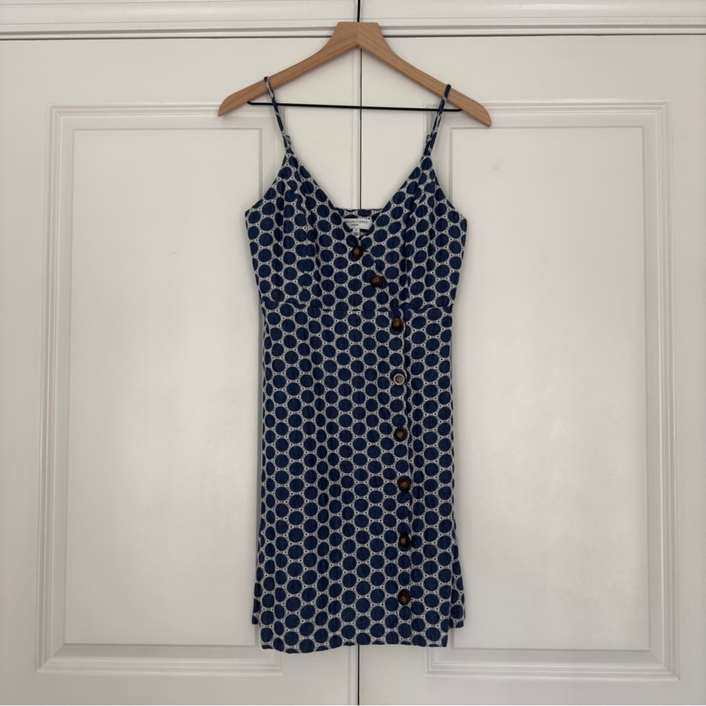 Waverly Grey Button Down Eyelet Circle Pattern Mini Dress Adjustable Spaghetti S