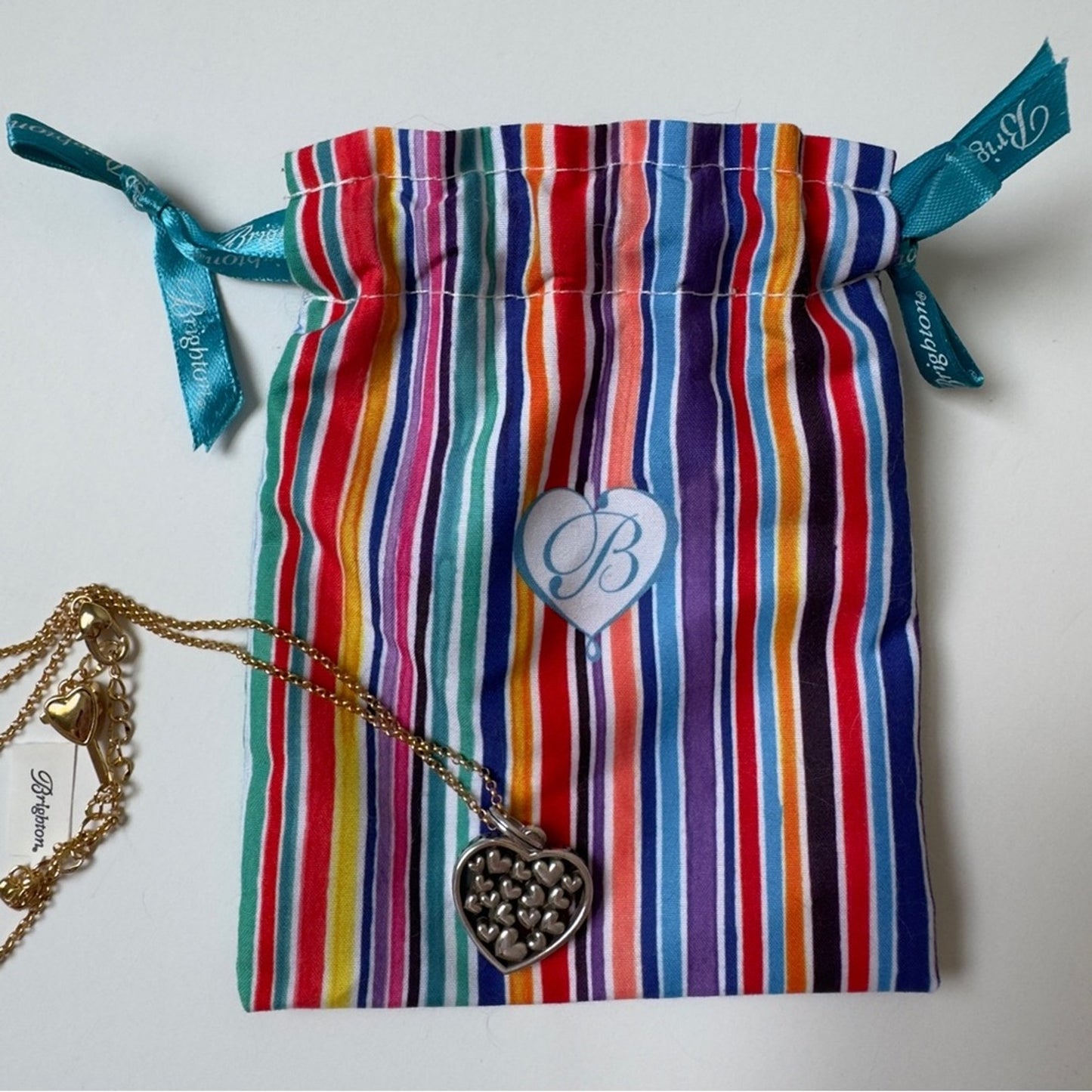 Brighton Elegant Gold & Silver Heart Pendant 2024 Necklace Chain w/ Rainbow Bag