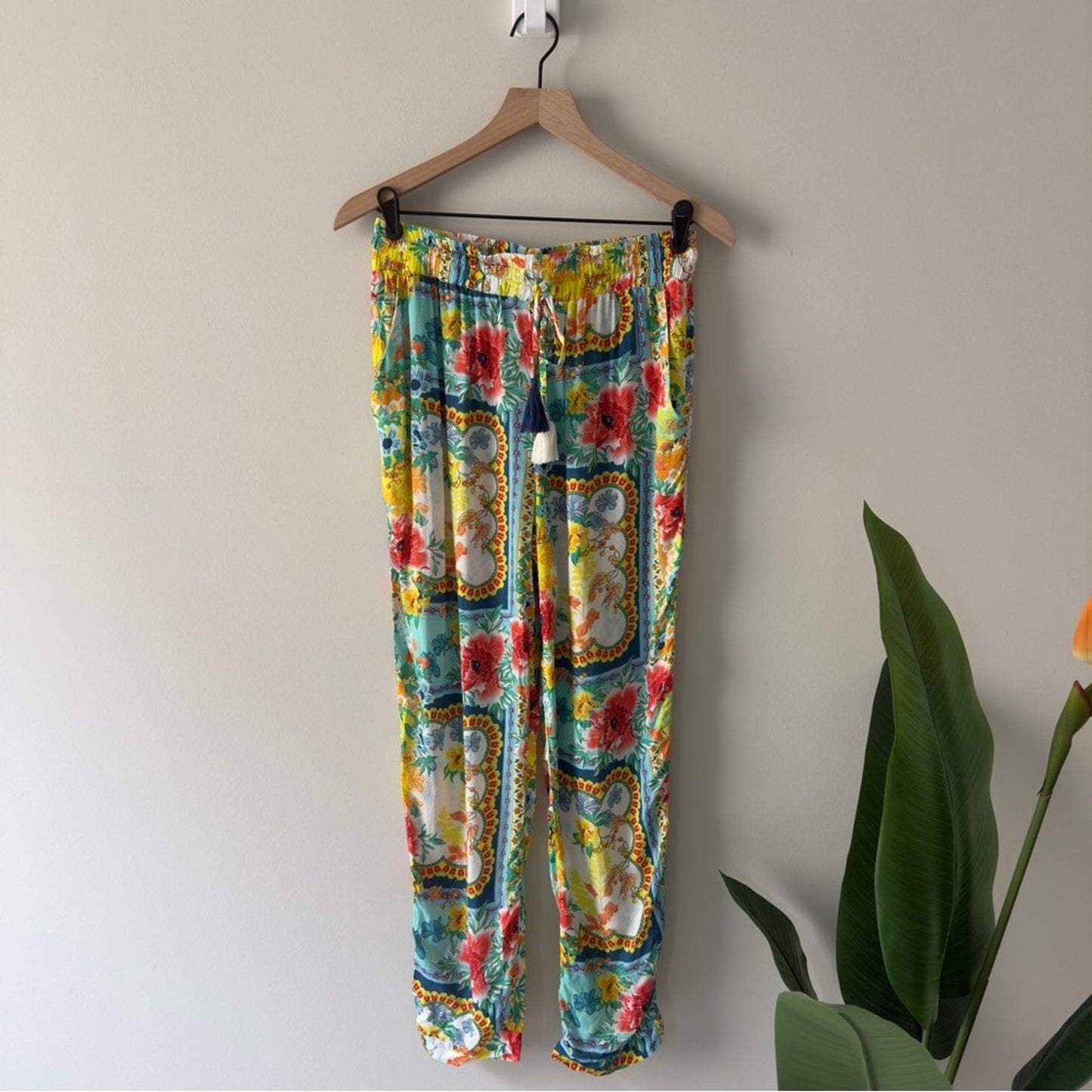 Cia. Maritima Floral Print Women's Pants Boho Bohemian Hippie Tassel Drawstring