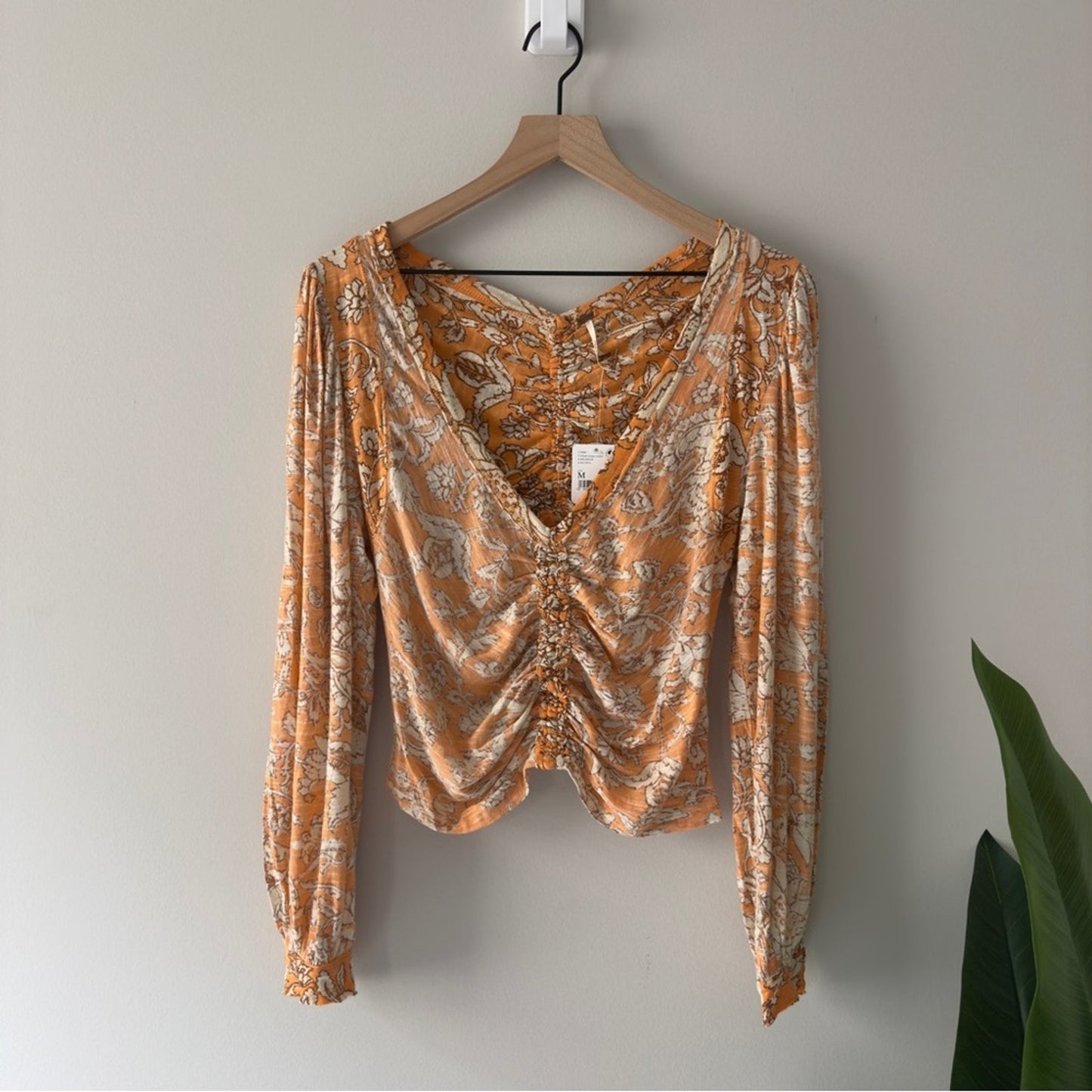 Free People Say the Word Top in Blood Orange Combo Floral Ruched long sleeve NWT