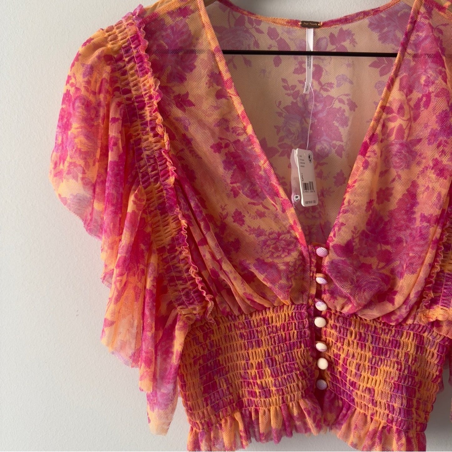 Free People Sugar Top in Hot Tropics Floral Pink Orange Top Fairycore Button NWT