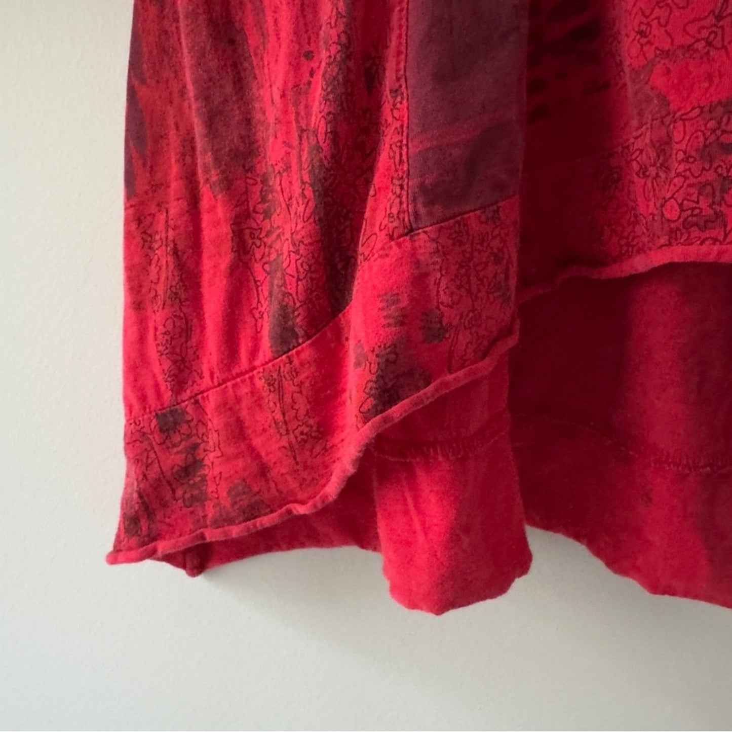 Vintage patchwork style button front Red babydoll Top 3/4 sleeves high low hem L