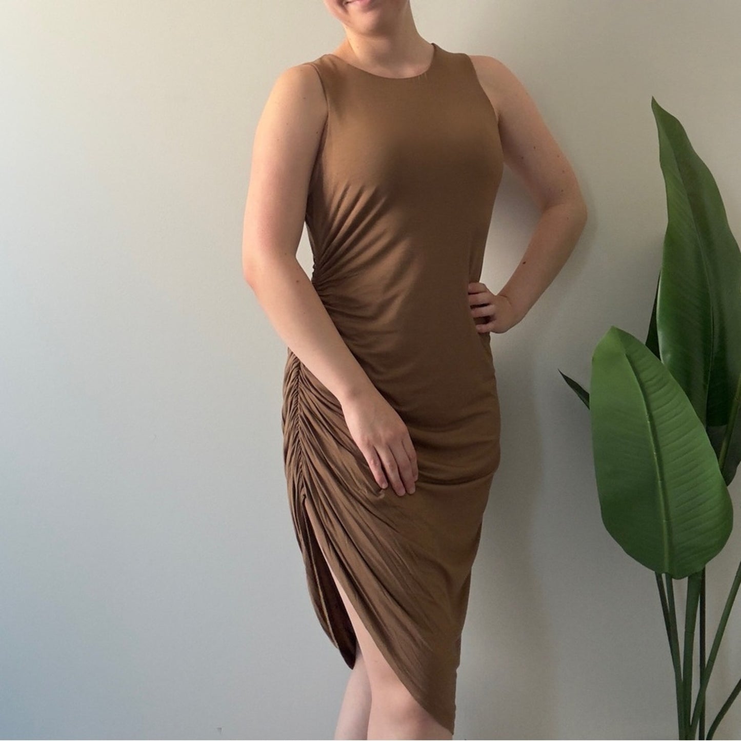 Lovers + Friends Revolved Tan Midi Dress cinched ruched asymmetric sleeveless L