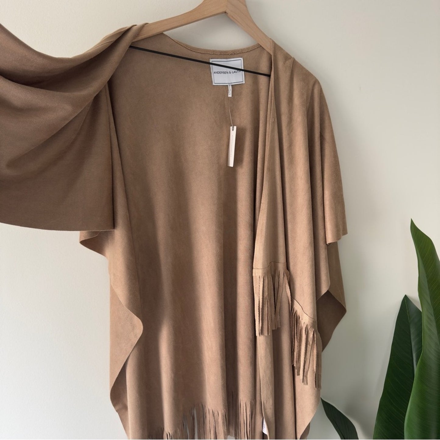 Anthropologie Andersen & Lauth Faux Suede Poncho Tan Open Front with Fringe hem