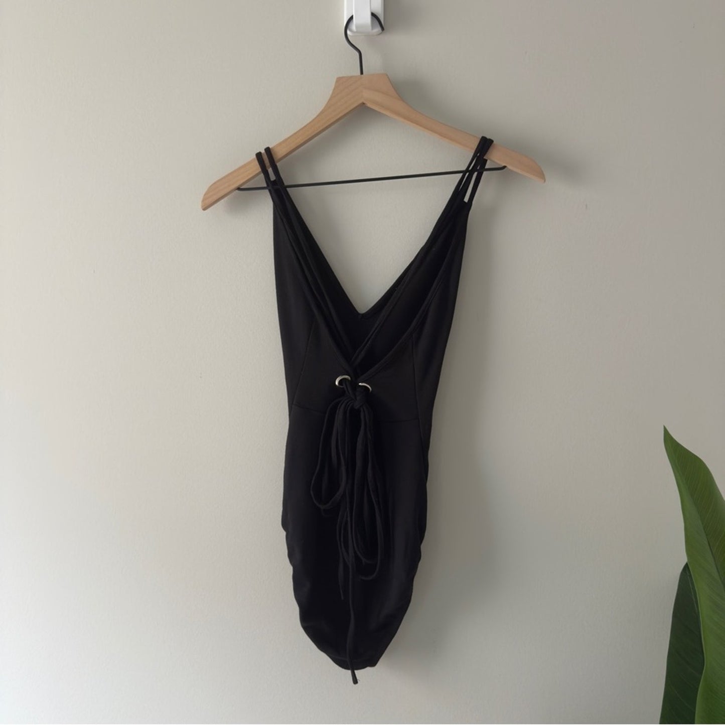 Charlotte Russe Black Strappy Bodysuit Tie Back One Piece Spaghetti Strap Solid