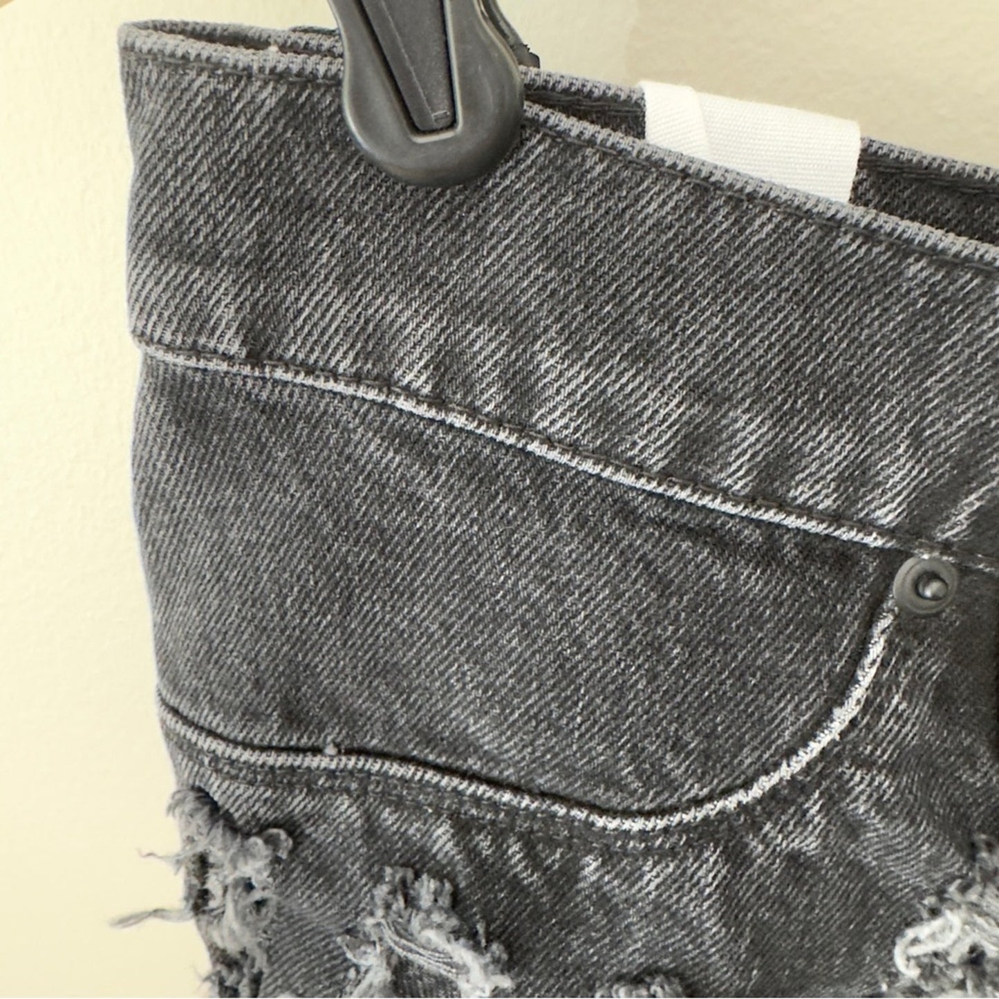 Good American Distressed Cut Off Jean Shorts Cutout Recycled Cotton Pockets Zip