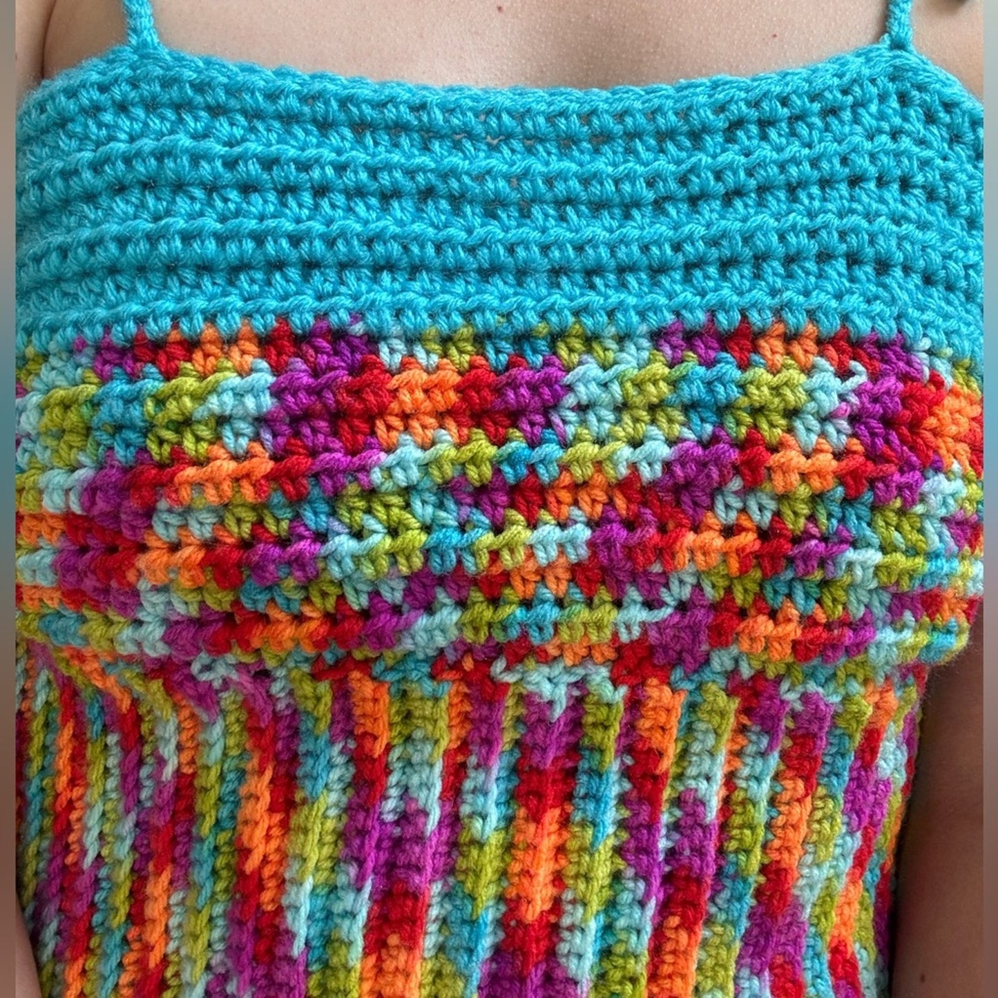 Handmade Crochet Adjustable Tie Strap Crop Top 100% Recycled Rainbow Tank Cami L