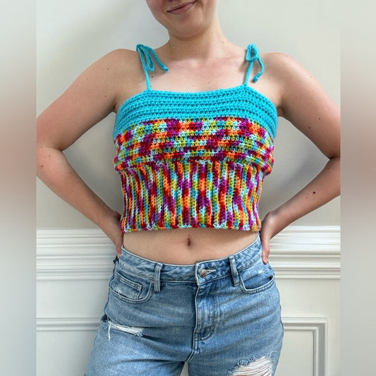 Handmade Crochet Adjustable Tie Strap Crop Top 100% Recycled Rainbow Tank Cami L