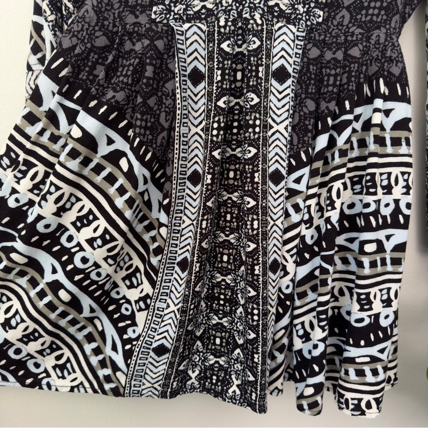 Free People Tegan Border Print Mini Dress Long Bell Sleeves Cutout V-Neck A-Line