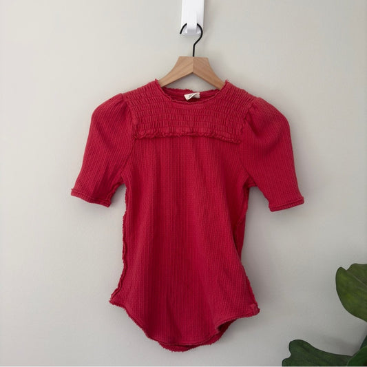 Free People We the Free Smocked Neck Short Sleeve Top Textured Knit Raw Hem EUC