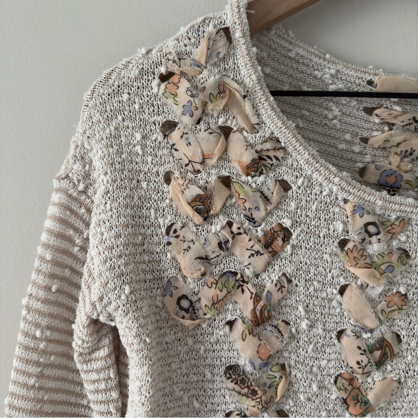 Anthropologie Akemi + Kin Cream Gray White Ribbon Embellished Knit Sweater Top