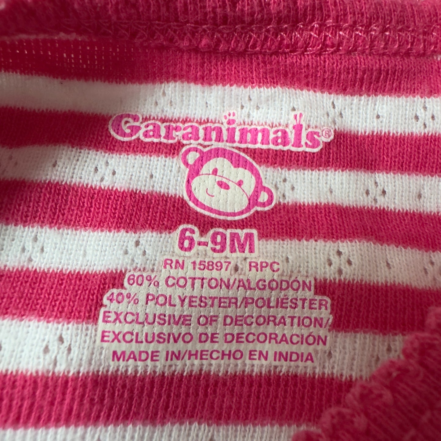 Garanimals 6–9 months long sleeve striped onesie snaps cotton blend pink white
