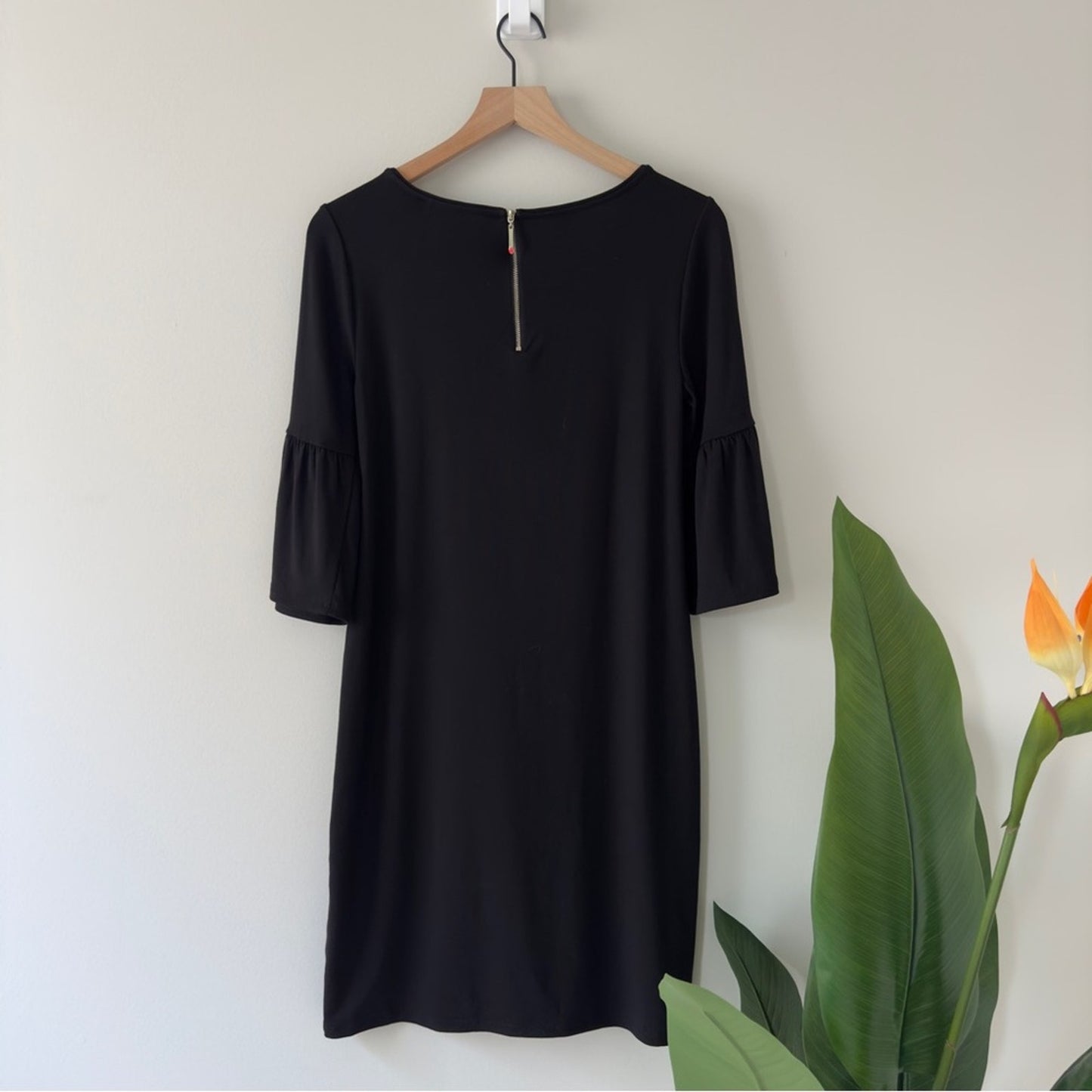White House Black Market Bell Sleeve Sneaker Dress Classic Black Solid zip back