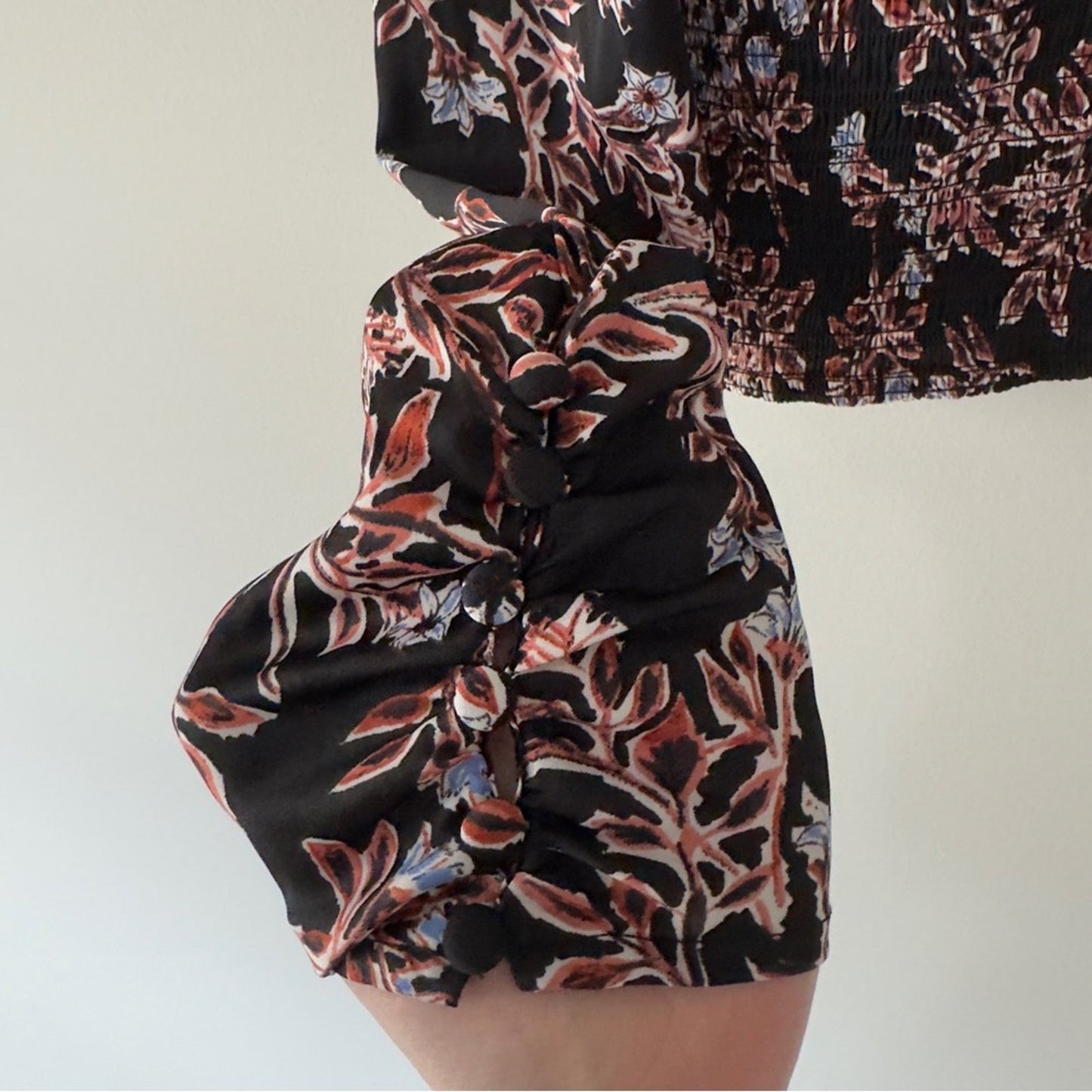 Free People Santiago Top Floral Cropped puff long sleeve buttons smocked ruched