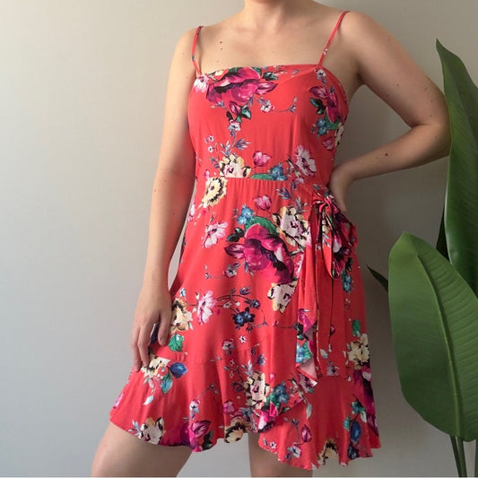 Express Floral Mini Faux Rap Dress adjustable spaghetti straps tropical ruffle M