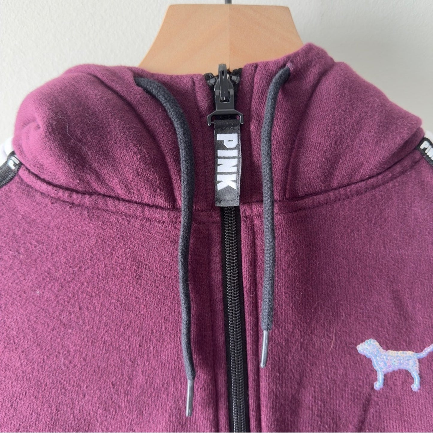 PINK Victoria's Secret Burgundy Full Zip Hoodie Sequin Dog Fleece Hood Jacket XS