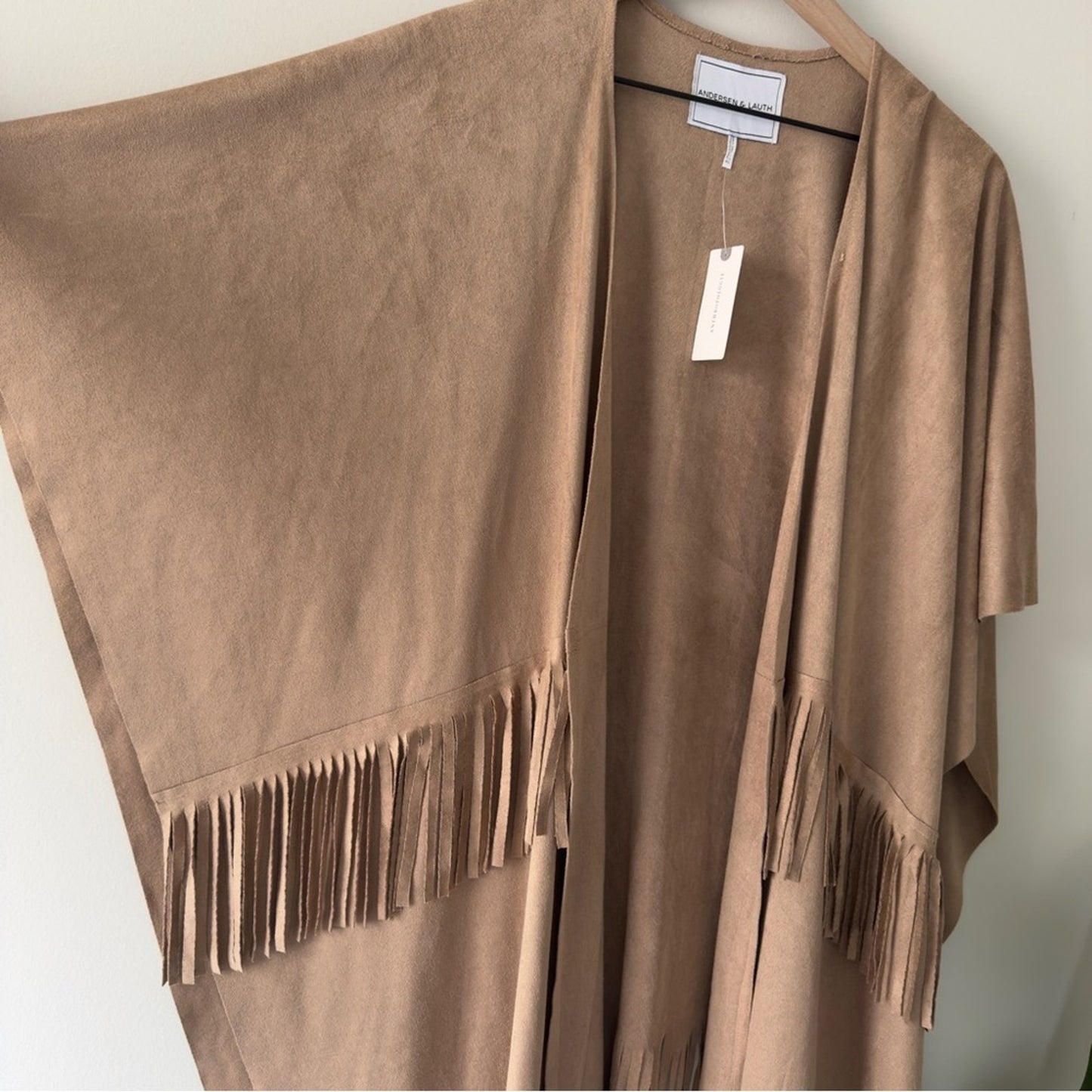 Anthropologie Andersen & Lauth Faux Suede Poncho Tan Open Front with Fringe hem