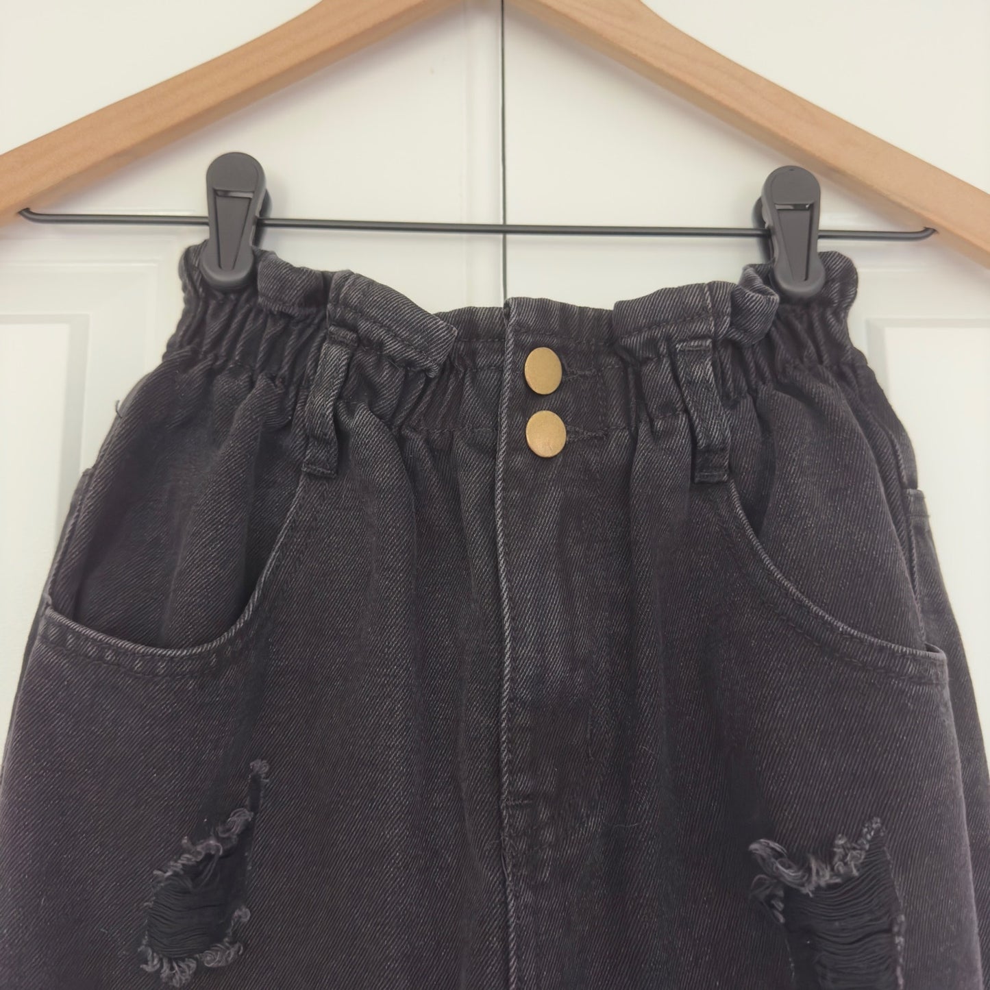 Princess Polly Open Road Paper bag Waist Jeans Black distressed pockets paperbag