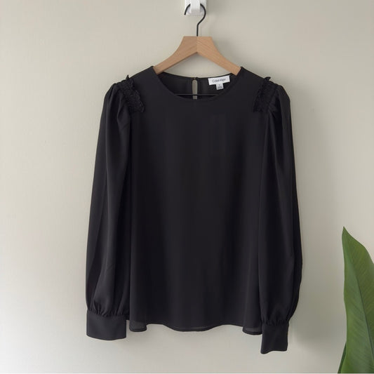 Calvin Klein Black Puff Sleeve Blouse Cuff Sleeves smocked ruffle button keyhole