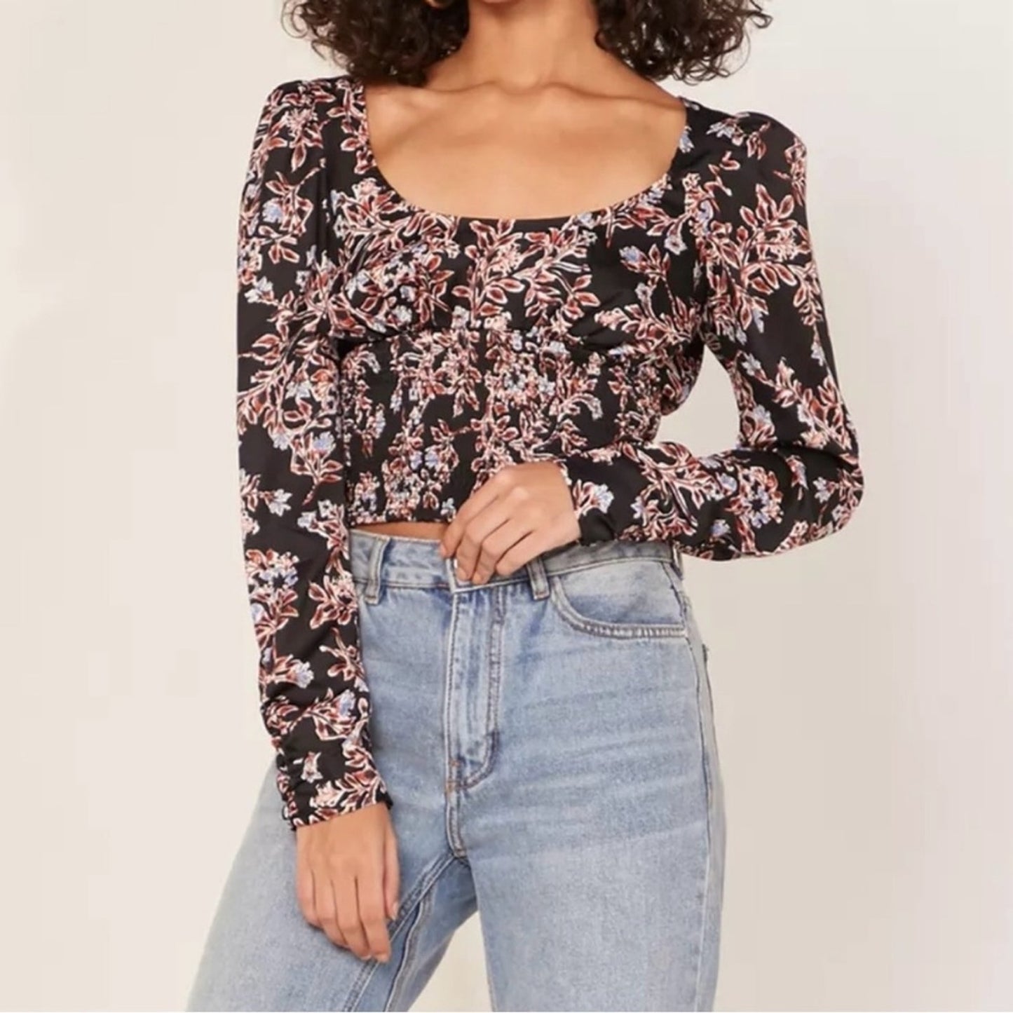 Free People Santiago Top Floral Cropped puff long sleeve buttons smocked ruched