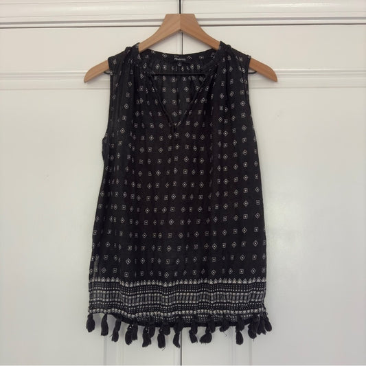 Madewell Tassel Hem Tank Top Geometric Aztec Print Sleeveless Ruched V-neck