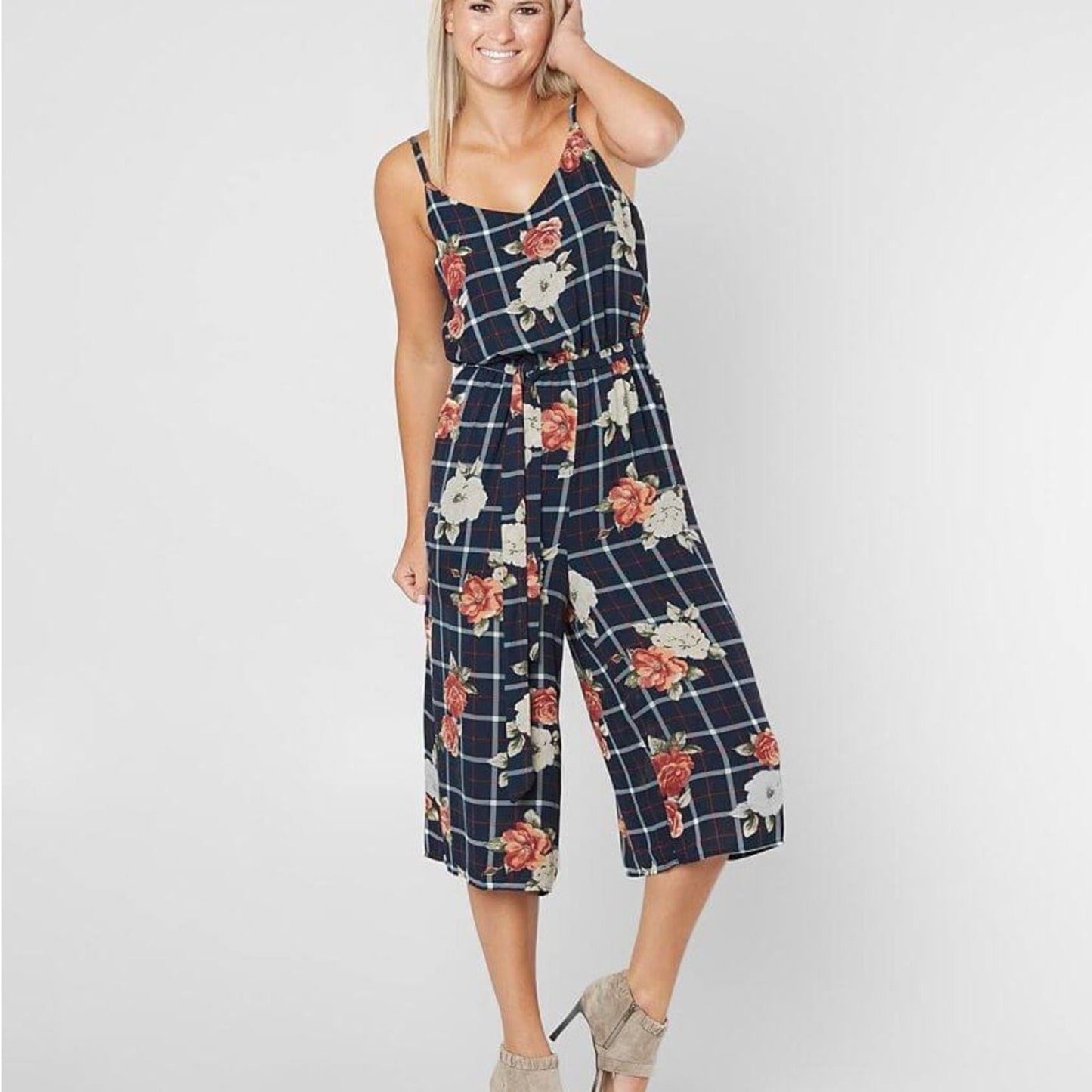 Buckle As U Wish Navy Floral Checkered Jumpsuit Tie Waist Cropped Spaghetti Blue