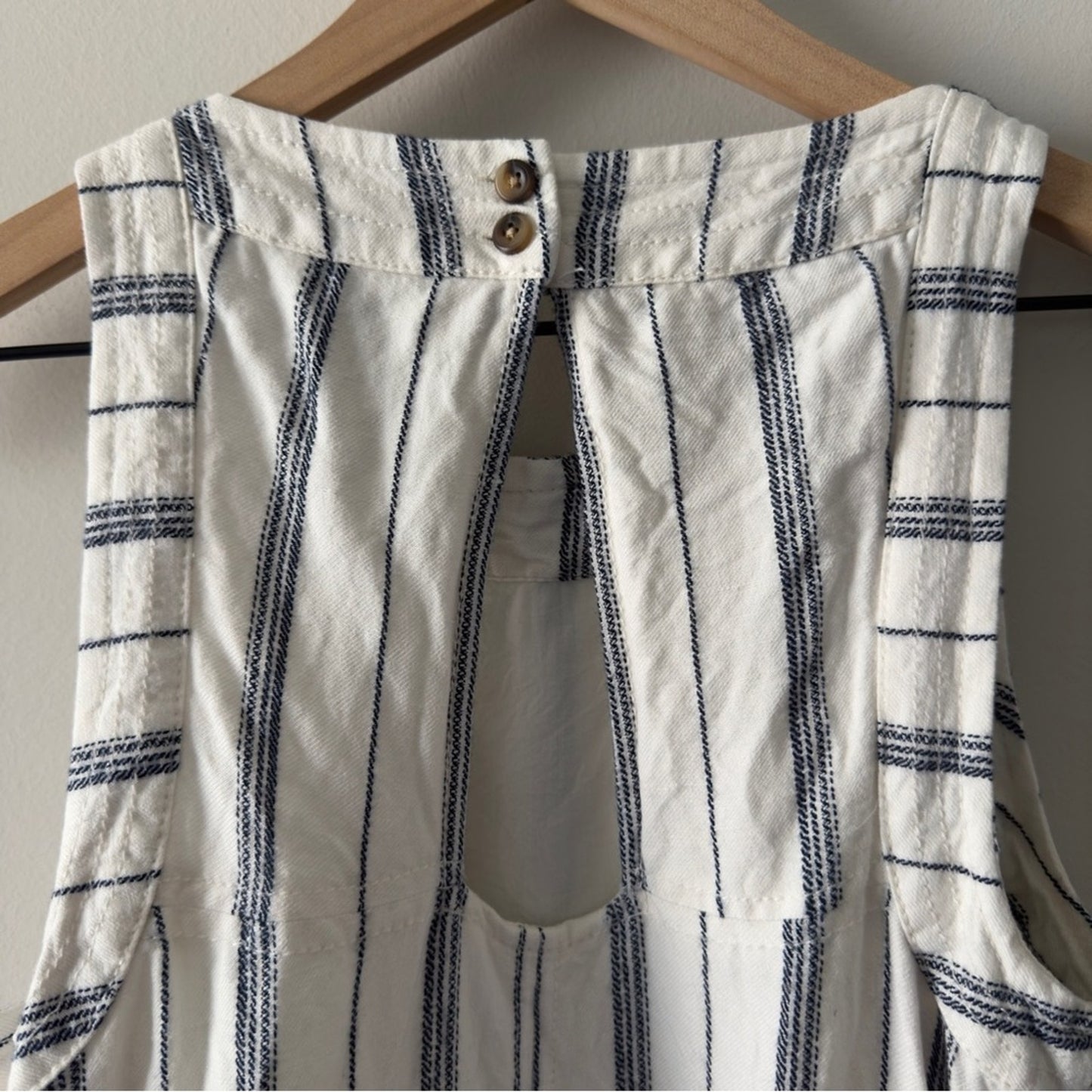 Anthropologie Akemi + Kin White Navy Striped Shift Dress Mini Fringe Hem buttons