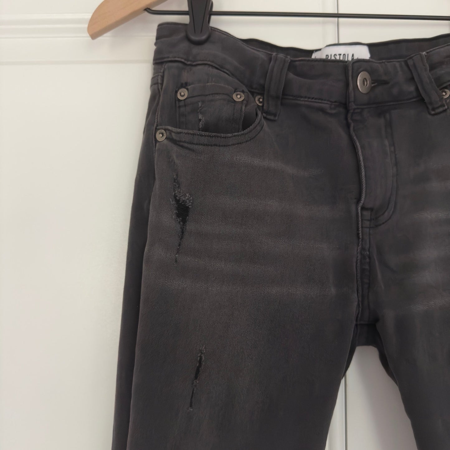 Pistola distressed raw hem skinny jeans charcoal Wash 5-pocket zip button ripped