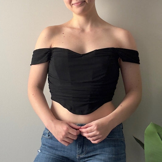 Shein Ruched Black Off-Shoulder Crop Top Corset Style Sleeveless Solid Zip Back