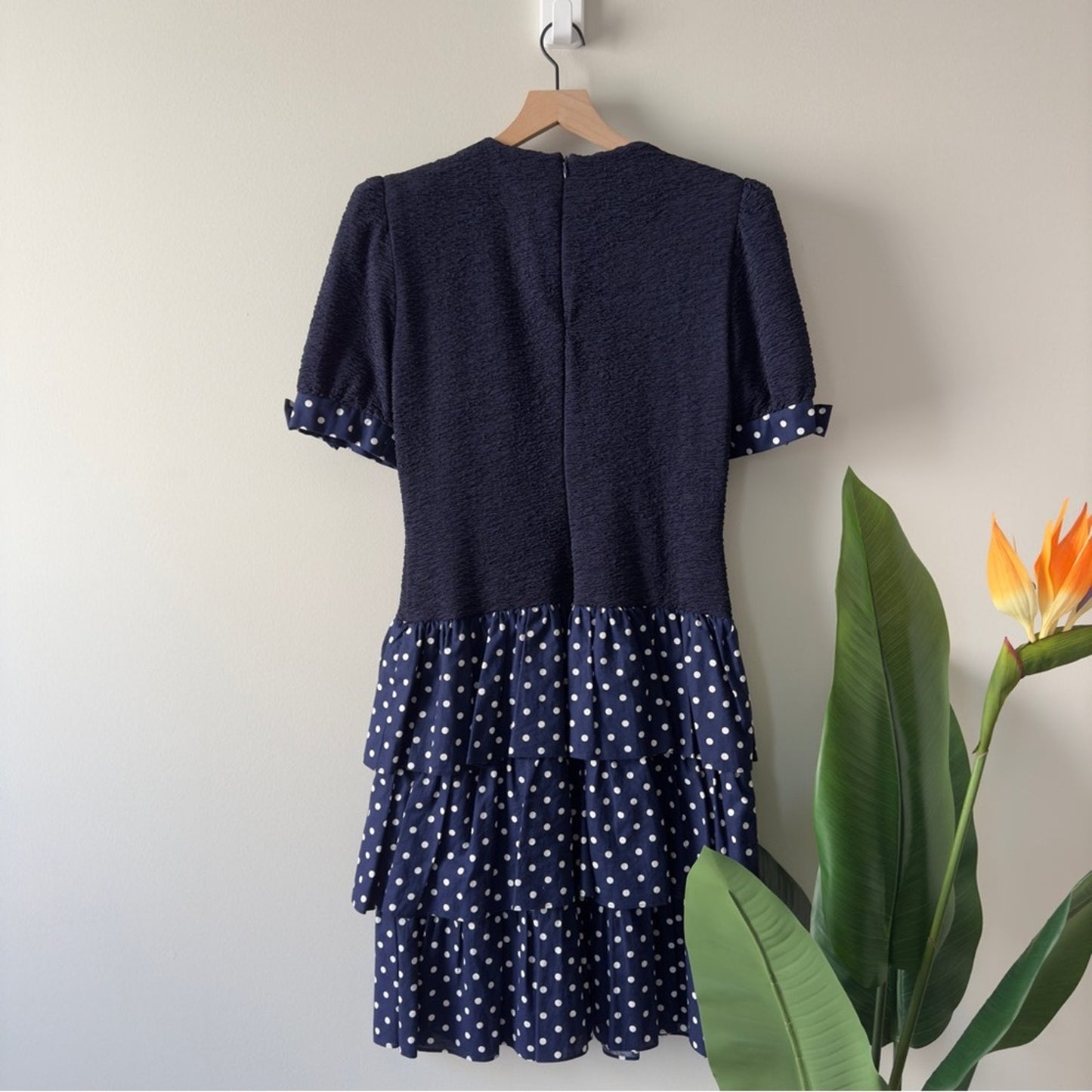 Vintage 1980s David Warren Union Label Dress Drop Waist Polka Dot bow sleeve EUC