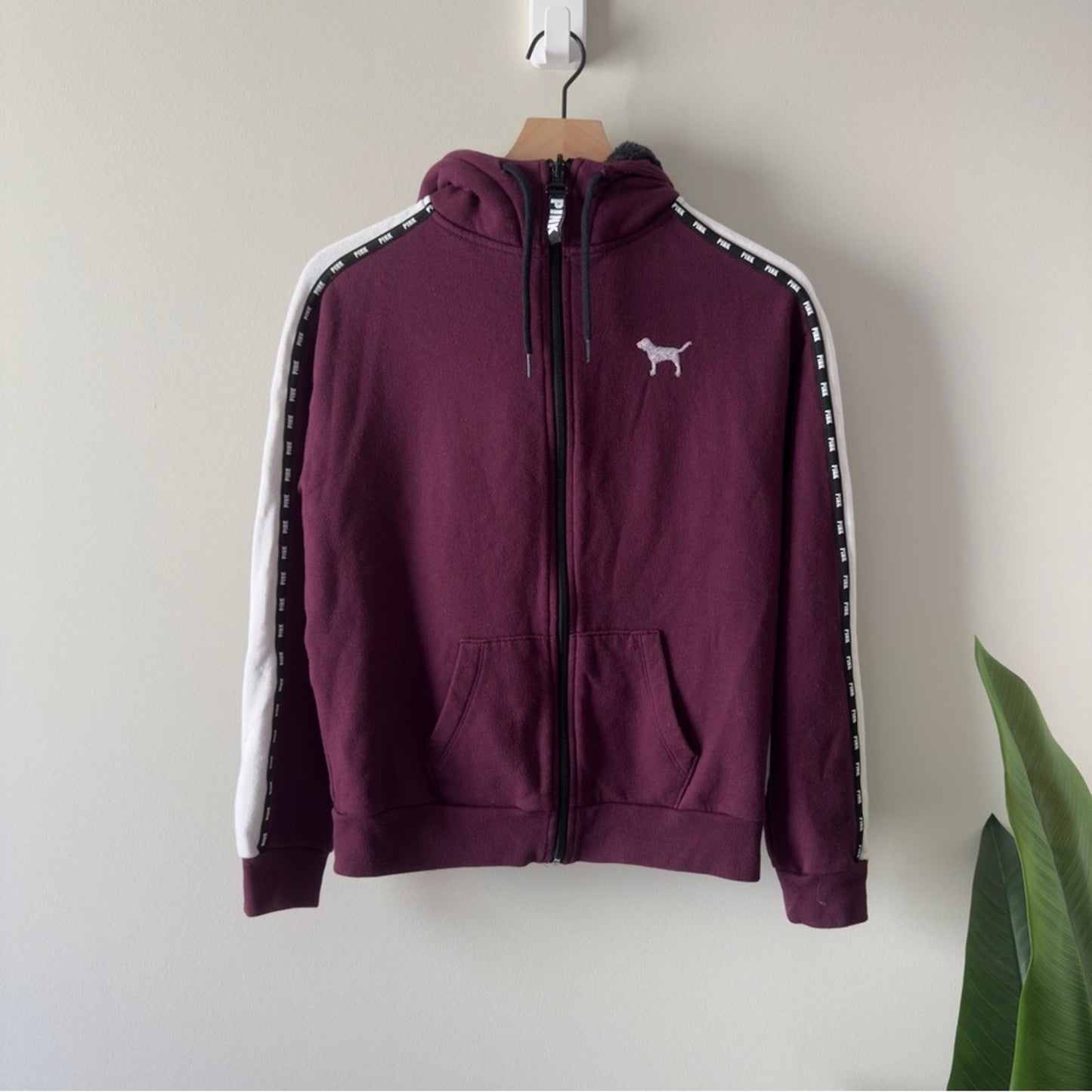 PINK Victoria's Secret Burgundy Full Zip Hoodie Sequin Dog Fleece Hood Jacket XS