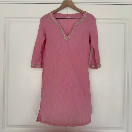 Lilly Pulitzer Pink Gold Metallic Tunic Dress 3/4 Sleeve Slit Embroidered Lace L