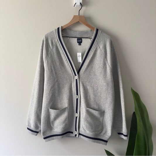 Gap Vintage Soft Oversized Cardigan Gray Sweater Navy Trim Button Down Cozy NWT