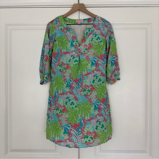 Lilly Pulitzer 100% Silk Mini Dress Beach Floral Lizard Print Preppy 3/4 Sleeve