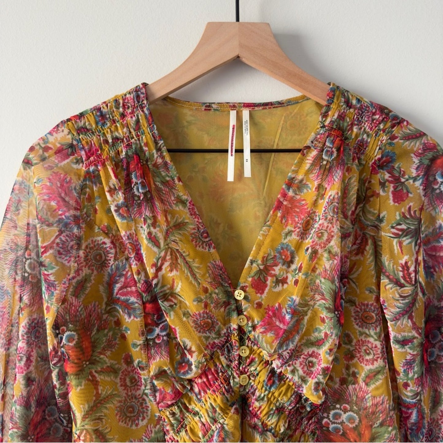 Anthropologie Chiffon Button Up Front 3/4 sleeve top floral stretch layered XS