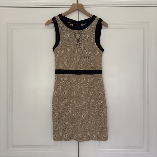 Max and Cleo Lace Mini Dress Sleeveless Tan Black Contrast Lined Zip Up Zipper 8