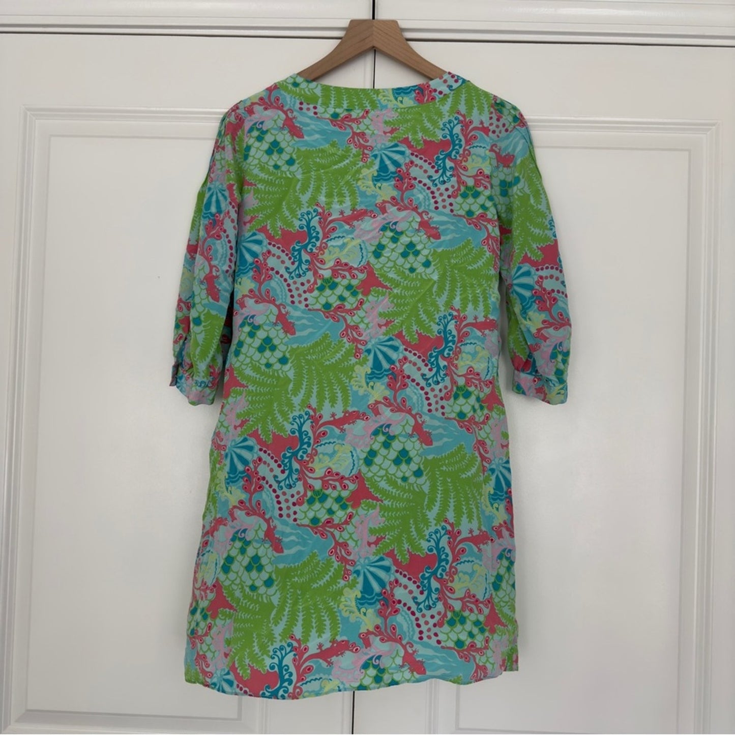 Lilly Pulitzer 100% Silk Mini Dress Beach Floral Lizard Print Preppy 3/4 Sleeve