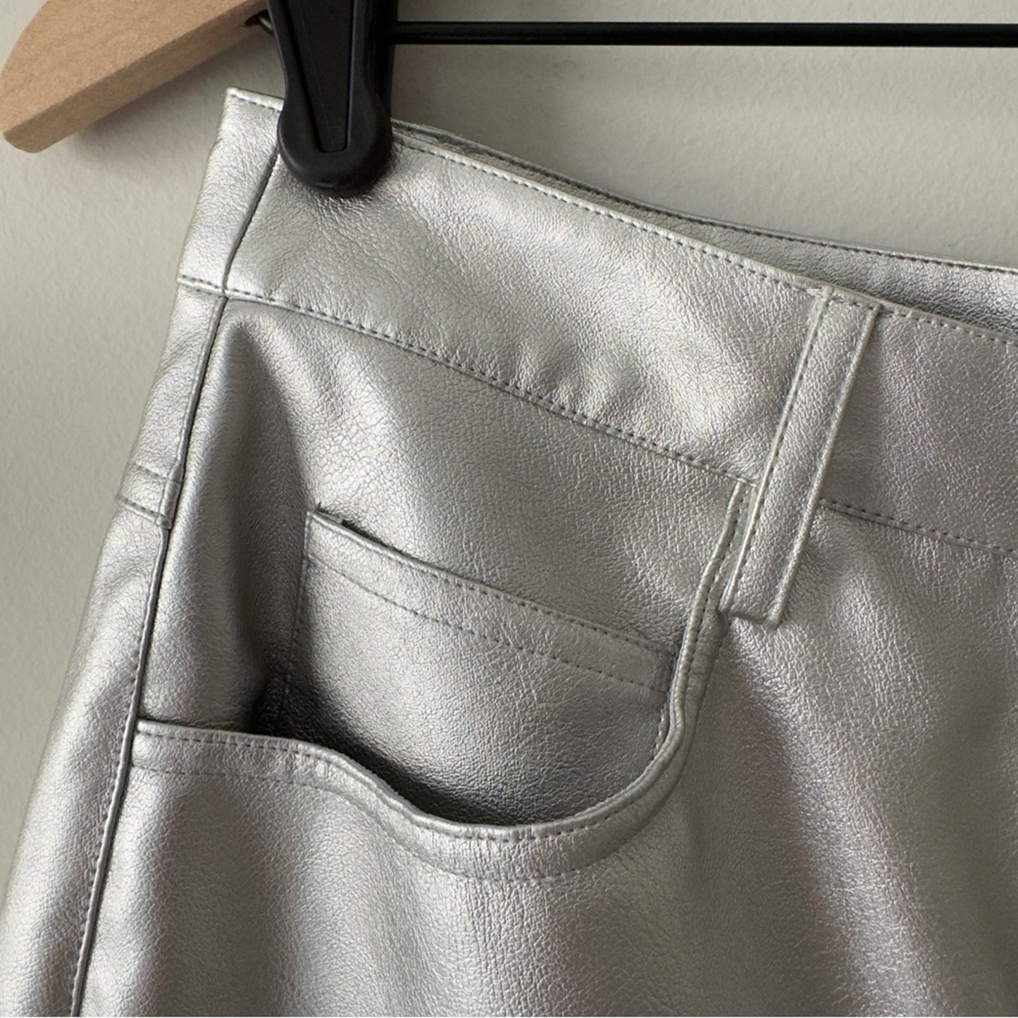 Wayf Silver Metallic Pants straight leg futuristic zip button pockets belt loops