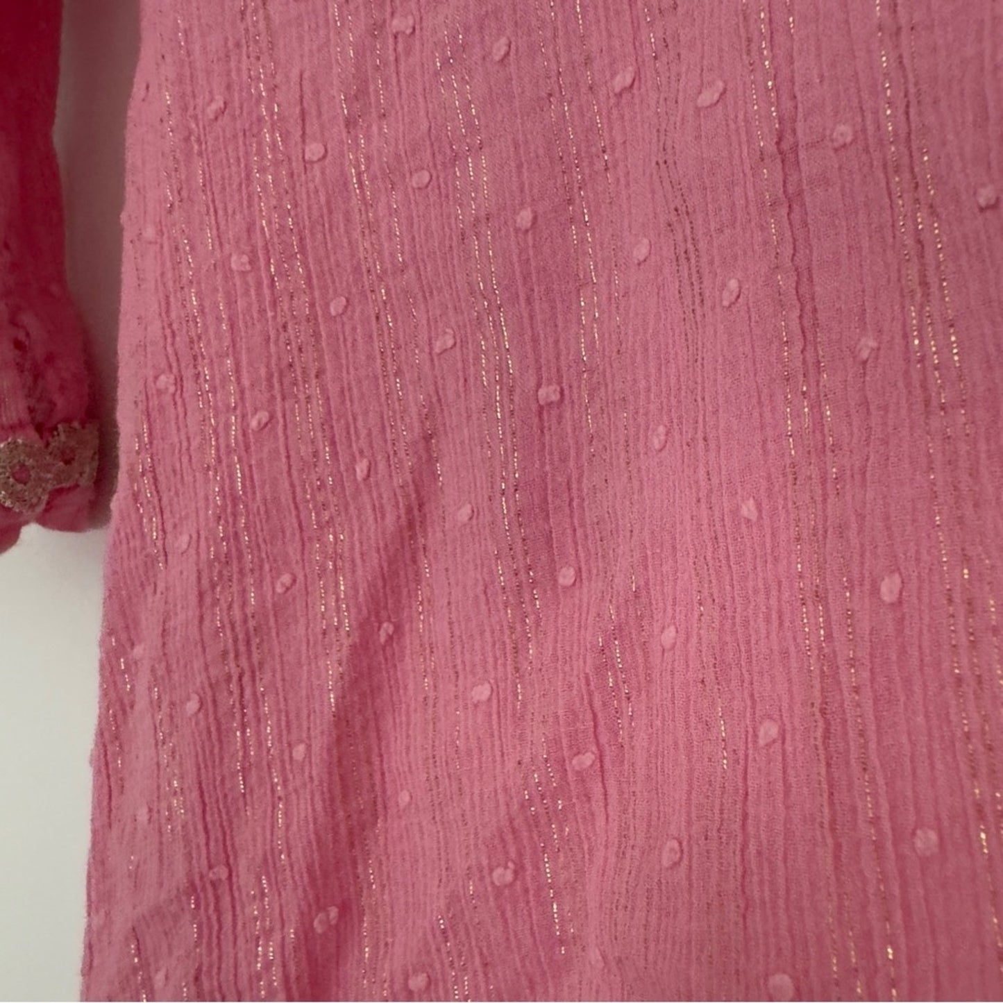 Lilly Pulitzer Pink Gold Metallic Tunic Dress 3/4 Sleeve Slit Embroidered Lace L