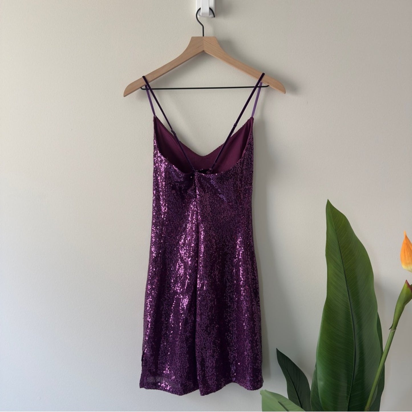 Betsey Johnson Purple Sequin spaghetti strap Sleeveless Bodycon mini Dress slit