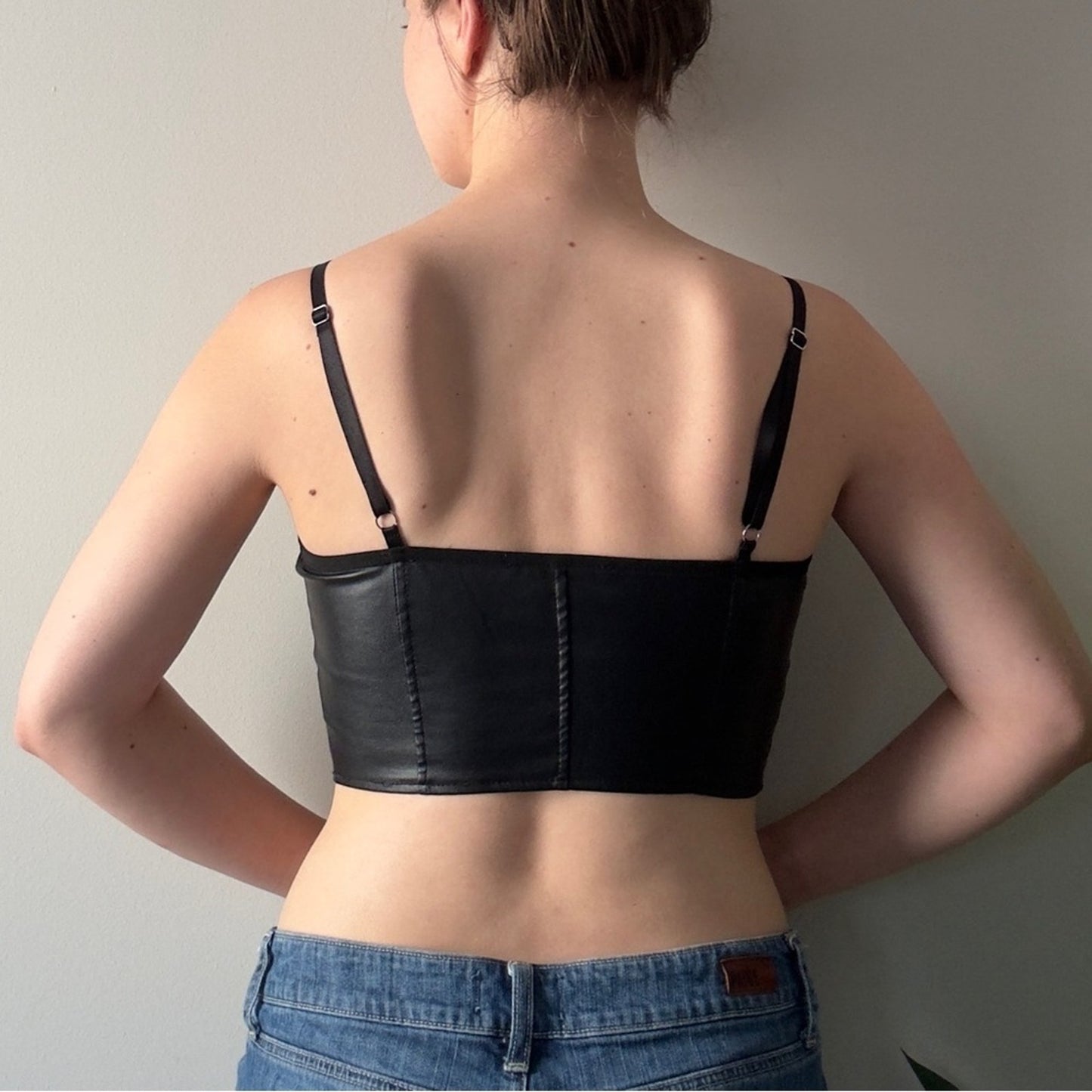 Shein Black Faux Leather Crop Top Corset Adjustable Spaghetti Straps Halloween S