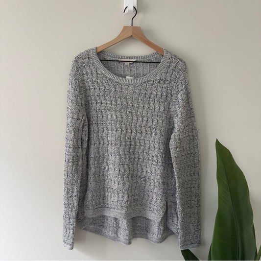 Loft Cotton Blend Cozy Gray Knit Sweater long sleeve crew neck slit high low hem