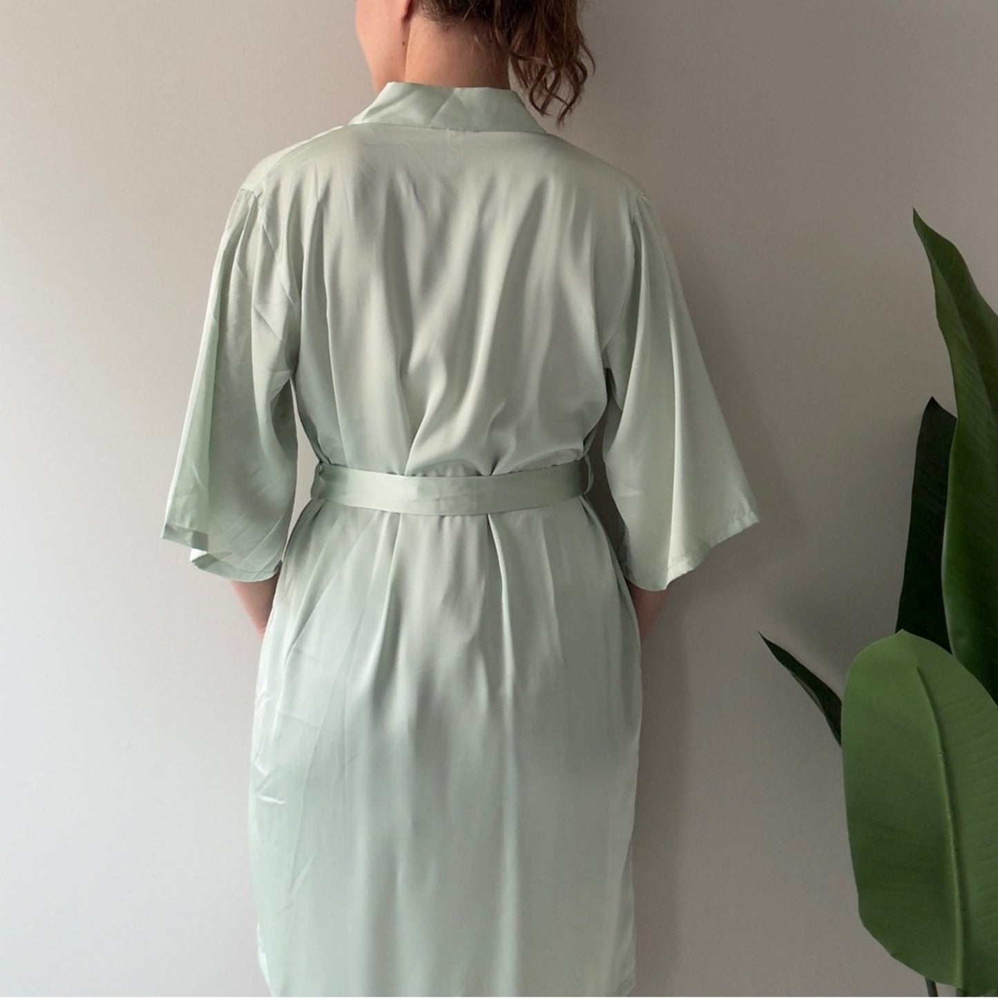 Satin Mint Green Women's Robe Half Sleeves Tie Waist Kimono Loungewear Lounge M