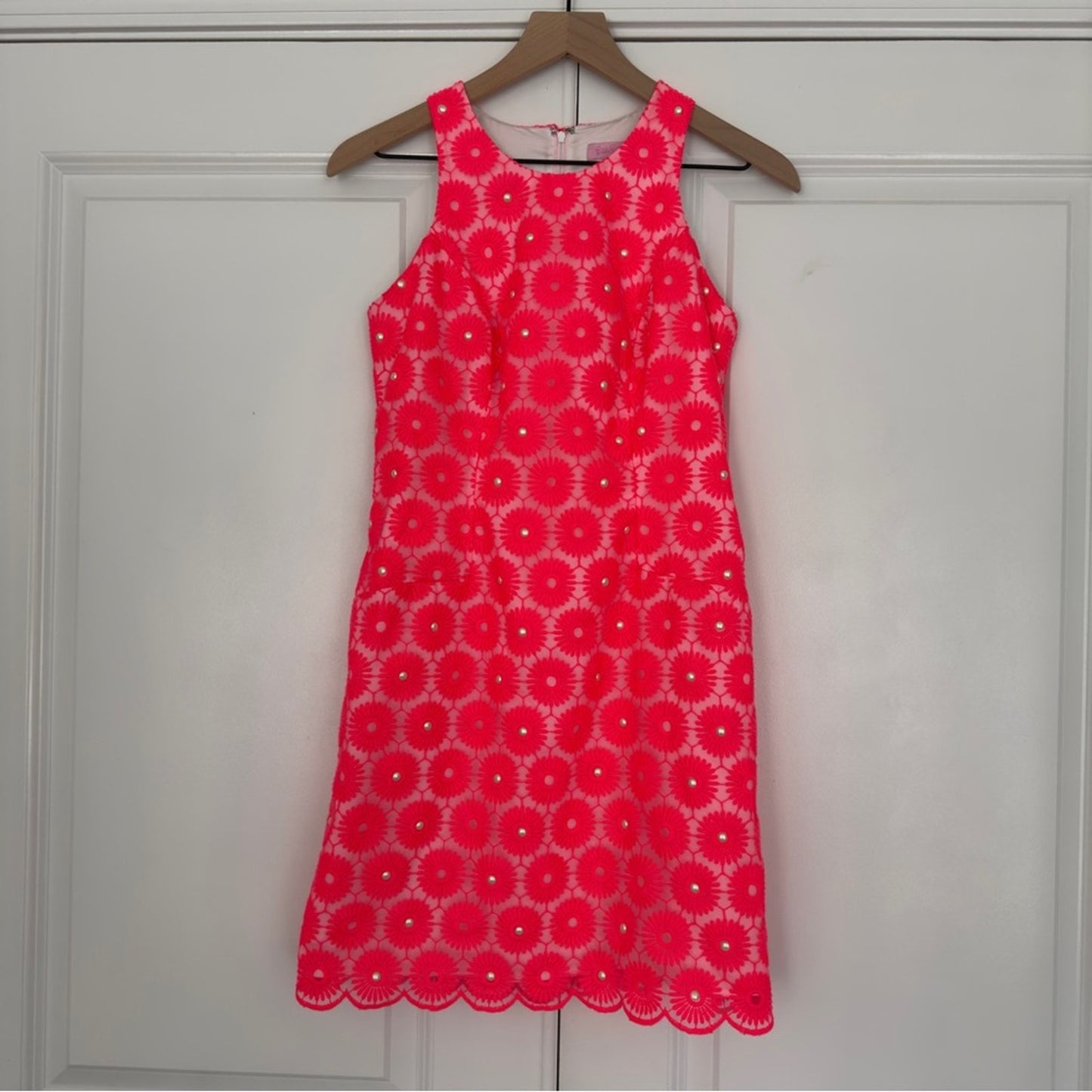 Lilly Pulitzer Fiesta Pink Floral Lace Pearl Bead Pinwheel Mini Dress Sleeveless