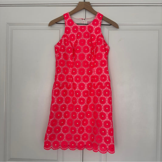 Lilly Pulitzer Fiesta Pink Floral Lace Pearl Bead Pinwheel Mini Dress Sleeveless