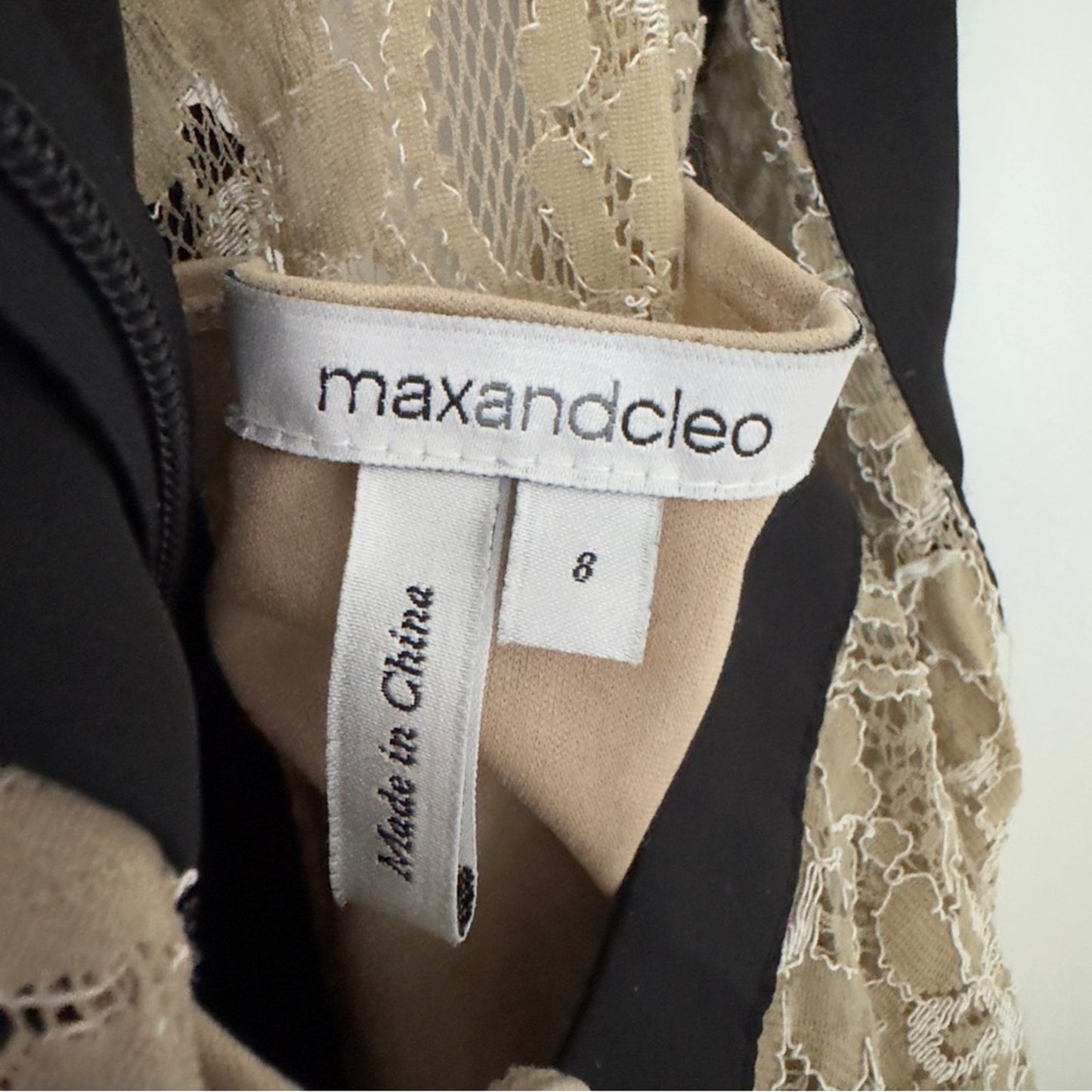Max and Cleo Lace Mini Dress Sleeveless Tan Black Contrast Lined Zip Up Zipper 8