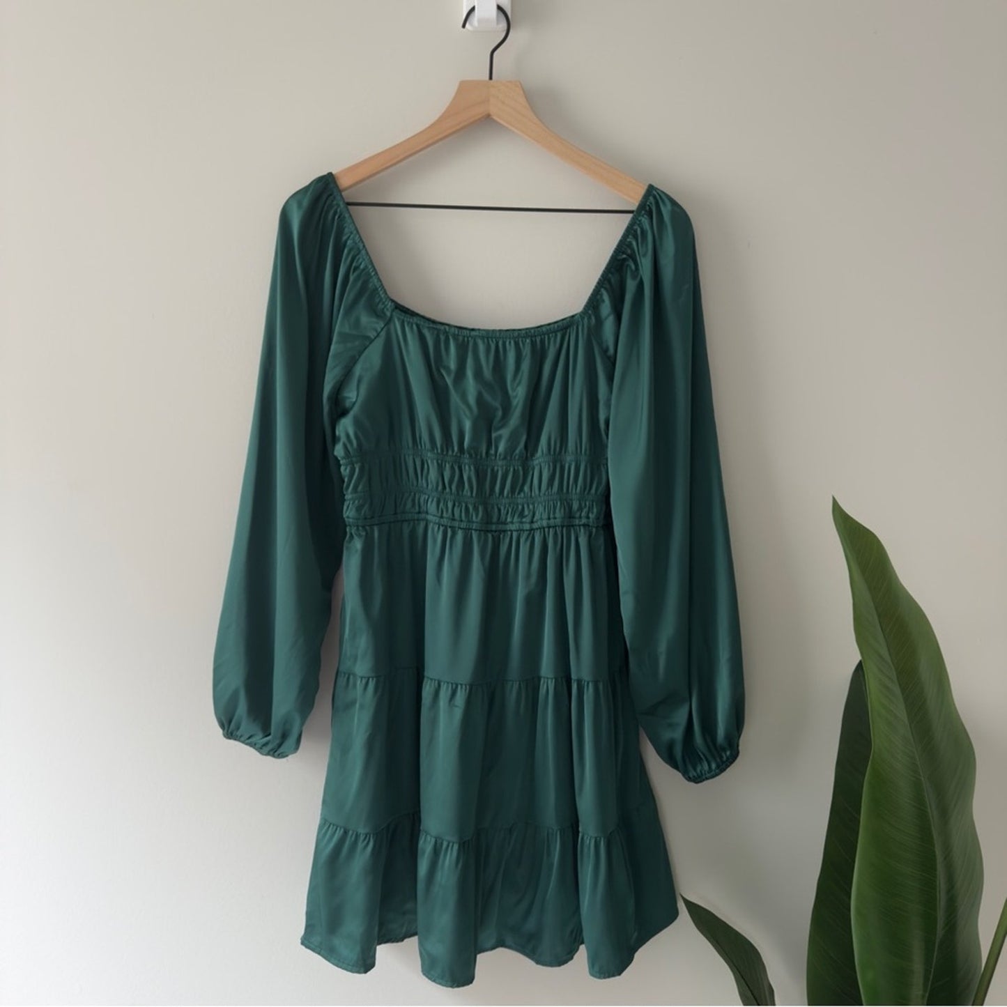 Altar’d State Emerald Green Long Sleeve Dress Tiered A-Lined Square Neck Ruched